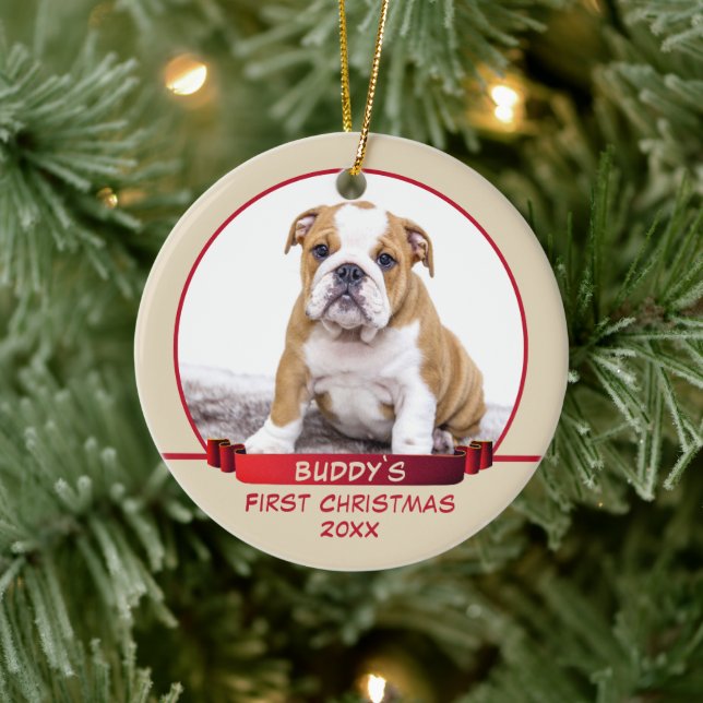 Personalized Puppy 1st Christmas Pet Photo Red Ceramic Ornament (Tree)