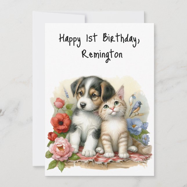 Personalized Puppy and Kitten Baby First Birthday  Card (Front)