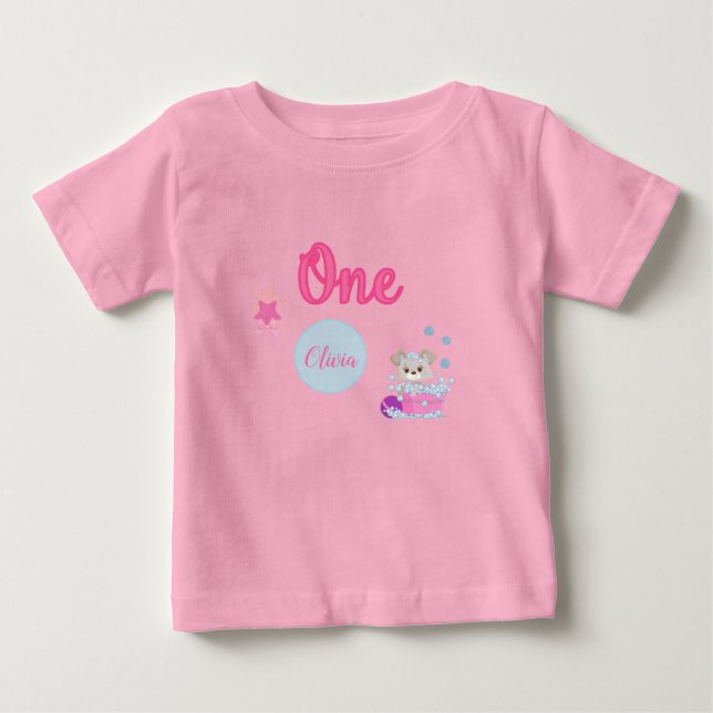 Personalized Puppy Bath One Year Old Girl Birthday Baby T-Shirt (Front)