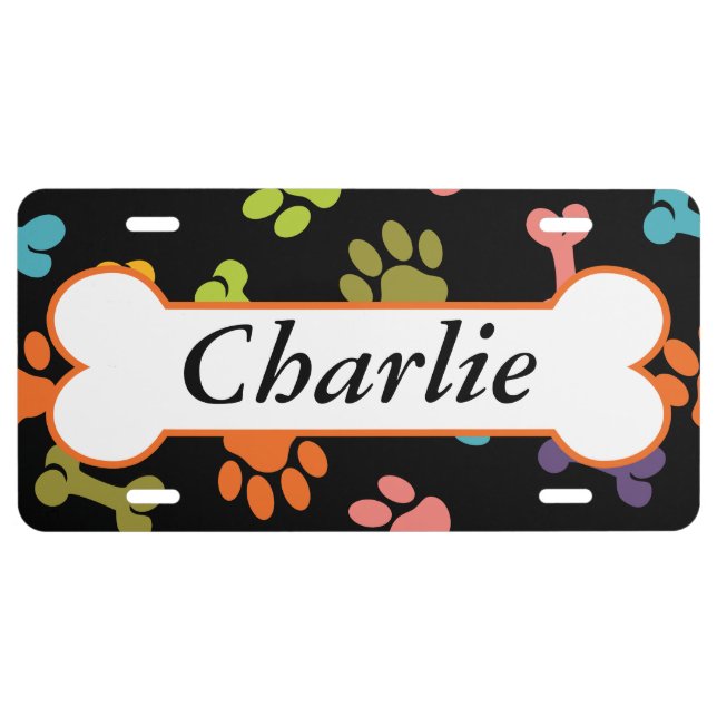 Personalized Puppy Bones and Paws License Plate (Front)