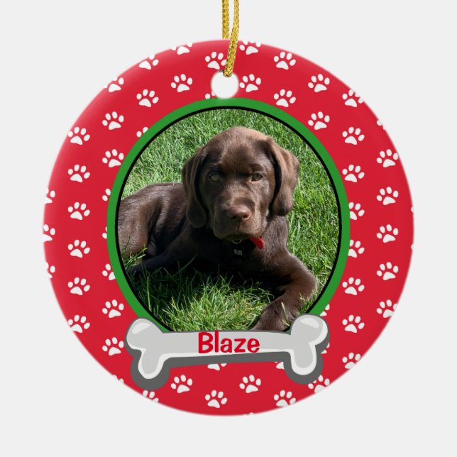 Personalized Puppy Dog Paw Print Bone Photo Pet Ceramic Ornament (Front)