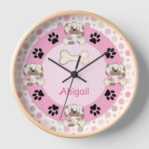 Personalized Puppy Dog, Paw Prints, Pink Polk Dots Clock