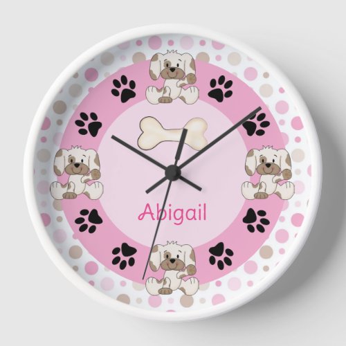 Personalized Puppy Dog Paw Prints Pink Polk Dots Clock