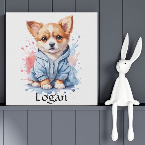 Personalized Puppy Watercolor Illustration  Faux Canvas Print