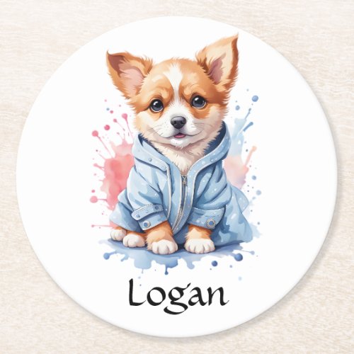 Personalized Puppy Watercolor Illustration  Round Paper Coaster
