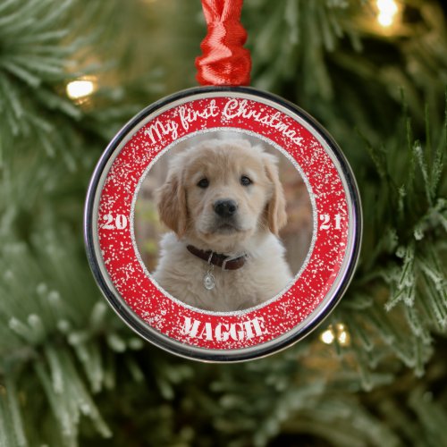 Personalized Puppys First Christmas Photo Metal O Metal Ornament