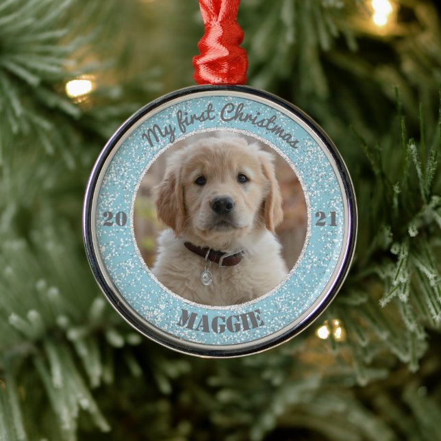 Personalized Puppy's First Christmas Photo Metal Ornament (Tree)