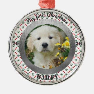 Personalized Puppy's First Christmas Photo Metal Ornament
