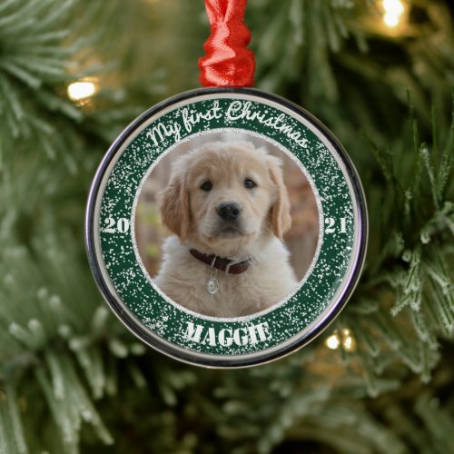 Personalized Puppys First Christmas Photo Metal Ornament