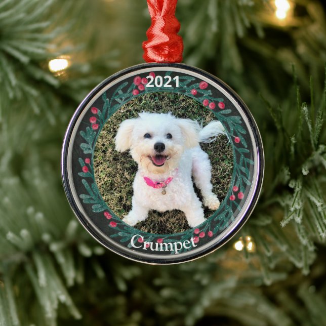 Personalized Puppy's First Christmas Photo Metal Ornament (Tree)