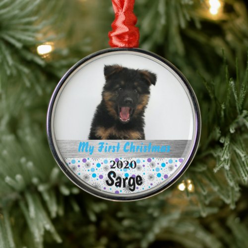 Personalized Puppys First Christmas Photo Silver Metal Ornament