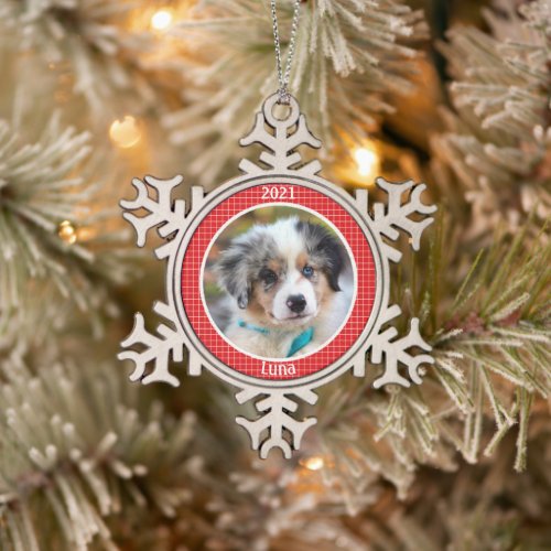 Personalized Puppys First Christmas Photo Snowflake Pewter Christmas Ornament
