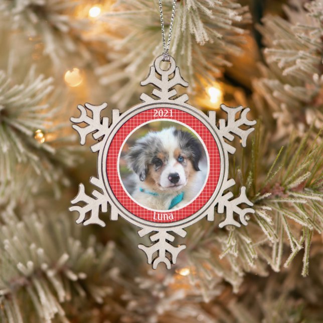 Personalized Puppy's First Christmas Photo Snowflake Pewter Christmas Ornament (Tree)