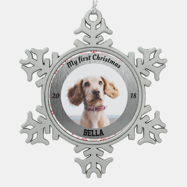 Personalized Puppy's First Christmas Photo Snowflake Pewter Christmas Ornament (Front)
