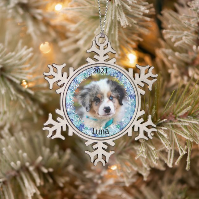 Personalized Puppy's First Christmas Photo Snowflake Pewter Christmas Ornament (Tree)