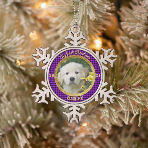 Personalized Puppys First Christmas Photo Snowflake Pewter Christmas Ornament