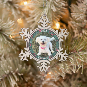 Personalized Puppy's First Christmas Photo Snowflake Pewter Christmas Ornament