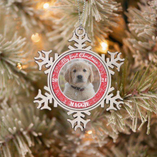 Personalized Puppy's First Christmas Photo  Snowflake Pewter Christmas Ornament (Tree)
