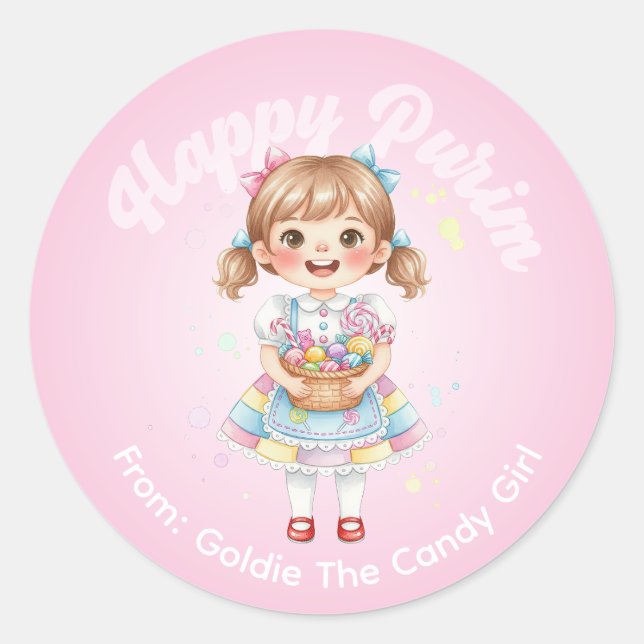 Personalized Purim Sticker – Candy Girl Theme (Front)