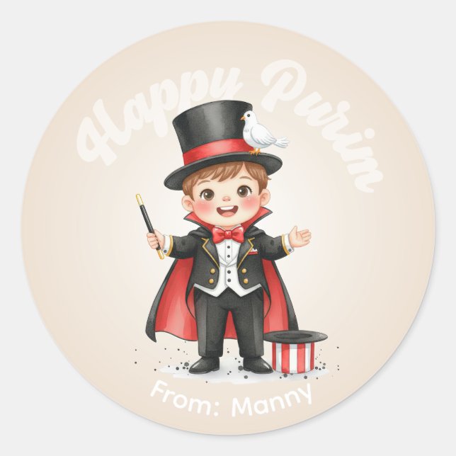 Personalized Purim Sticker – Magician Theme (Front)