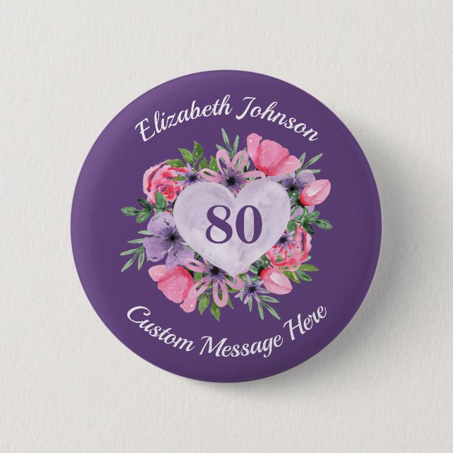 Personalized Purple 80th Birthday Button (Front)