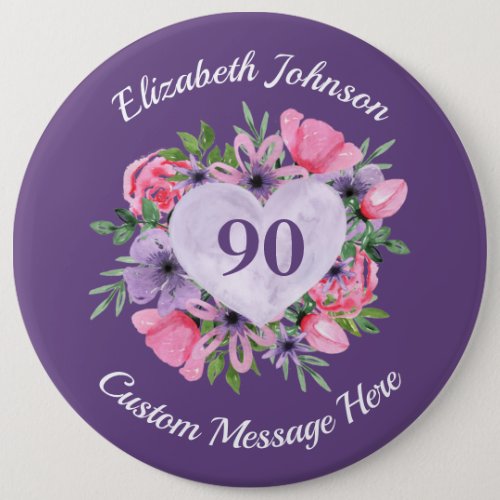 Personalized Purple 90th Birthday Button