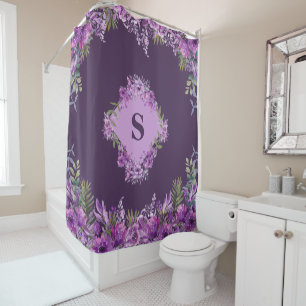 Personalized Purple and Aubergine Floral Shower Curtain