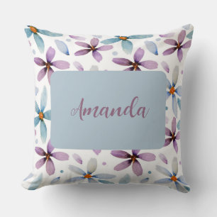 Personalized Purple and Blue Floral Throw Pillow