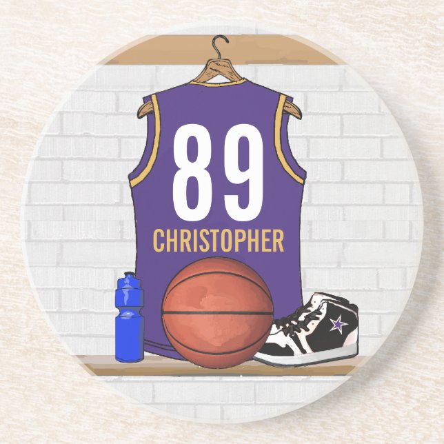 Personalized Purple and Gold Basketball Jersey Drink Coaster (Front)