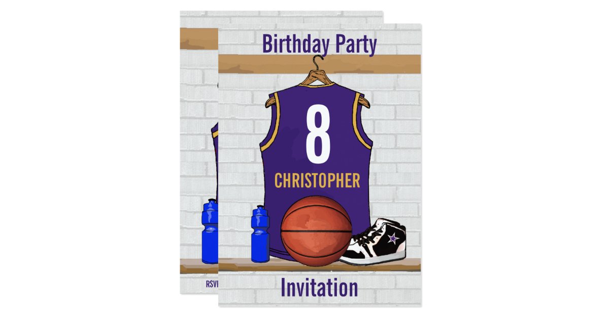 Personalized Purple And Gold Basketball Jersey Invitation Zazzle