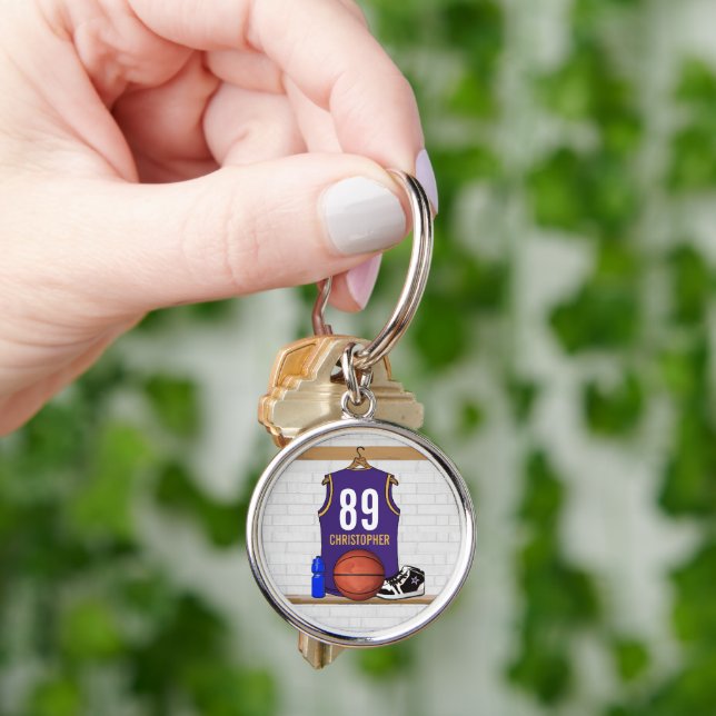 Personalized Purple and Gold Basketball Jersey Keychain (Hand)