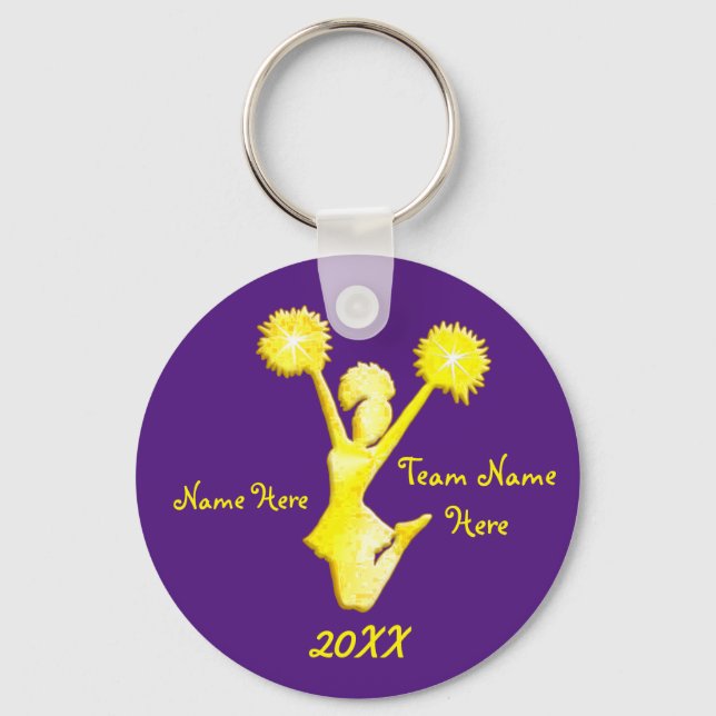 Personalized Purple and Gold Cheerleader Keychains (Front)
