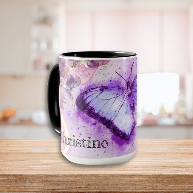 Personalized Purple and Gold Watercolor Butterfly Mug (Purple and Gold Watercolor Butterfly Mug)