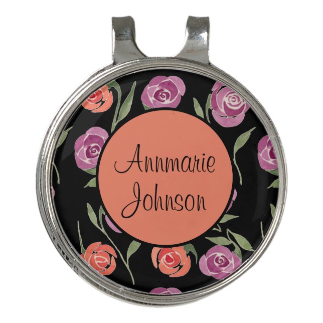 Personalized Purple and Peach Floral Ladies Golf Hat Clip (Front)