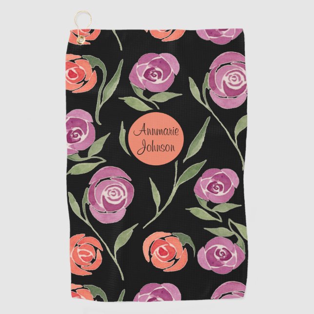 Personalized Purple and Peach Floral Ladies Golf Towel (Front)