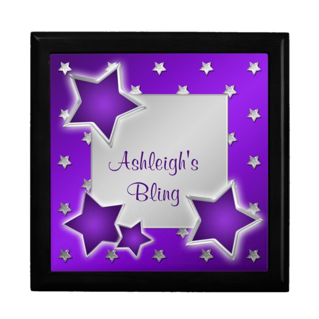 Personalized Purple and Silver Stars Trinket Box (Front)