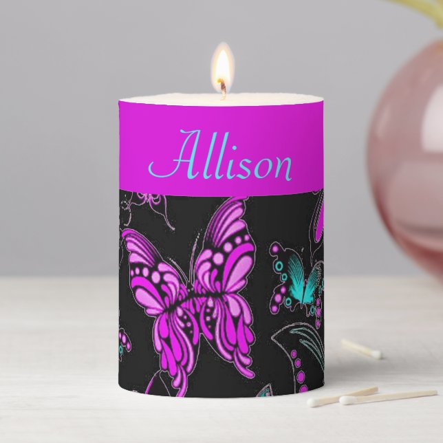 Personalized Purple and teal butterflies  Pillar Candle (In Situ)