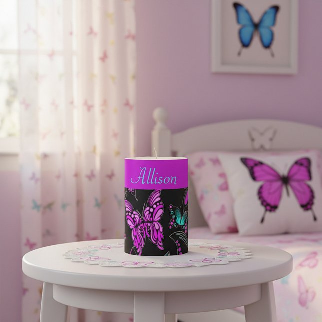 Personalized Purple and teal butterflies  Pillar Candle (Creator Uploaded)