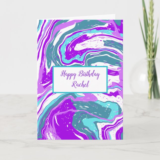 Personalized Purple and Teal Marble Birthday  Card (Front)