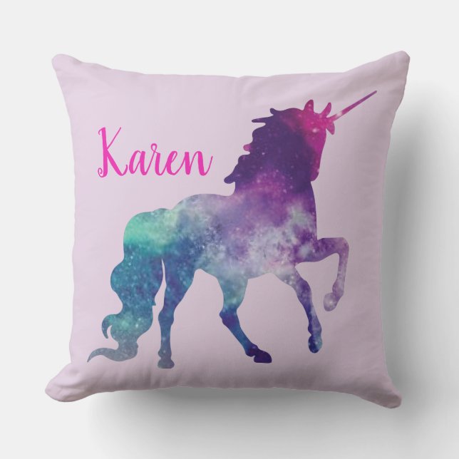 Personalized Purple and Turquoise Magical Unicorn Throw Pillow (Front)