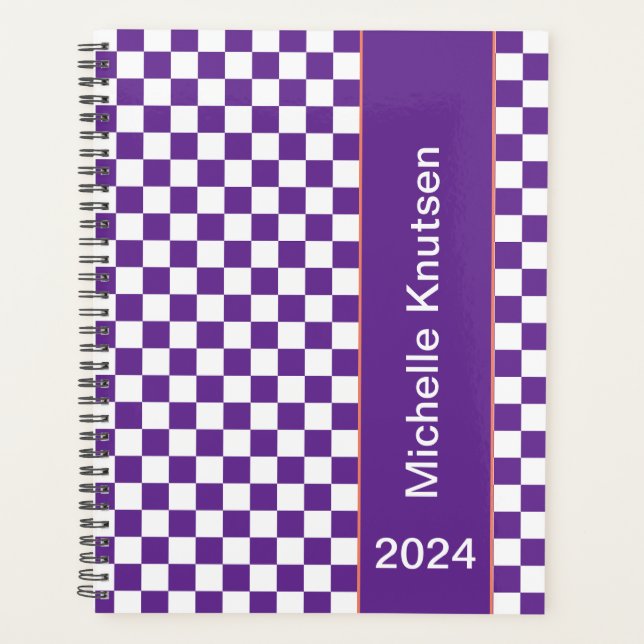Personalized  purple and white  Checkered 2024 Planner (Front)