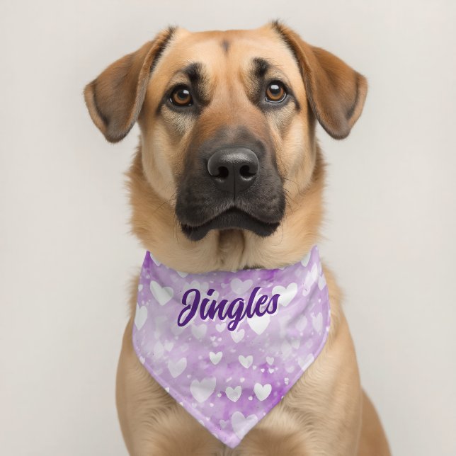 Personalized Purple and White Hearts Dog Pet Bandana Collar (Dog 2)