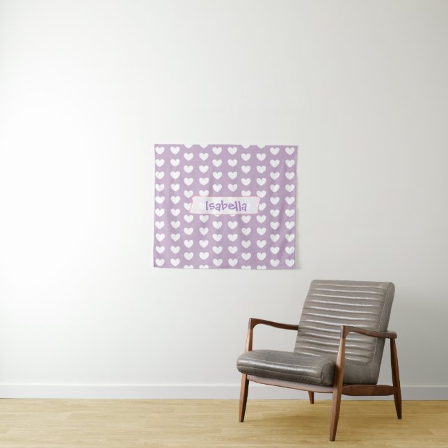 Personalized Purple and White Hearts Wall Tapestry (In Situ (Horizontal))