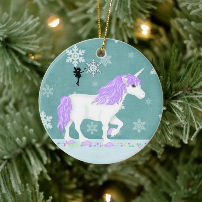 Personalized Purple and White Unicorn and Fairy Ceramic Ornament (Tree)