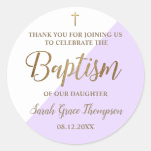Personalized Purple Baby girl baptism thank you Classic Round Sticker