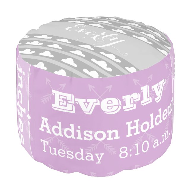 Personalized Purple Birth Record Cloud pouf (Angled Back)