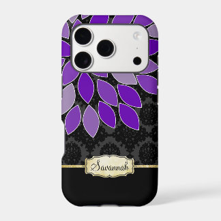 Personalized Purple Black and Gold Floral Damask iPhone 17 Pro Case