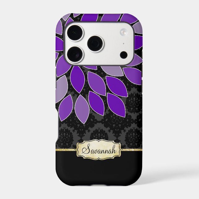 Personalized Purple Black and Gold Floral Damask Case-Mate iPhone Case (Back)
