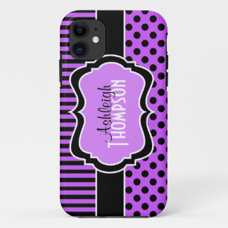 Personalized Purple, Black Striped Polka Dots iPhone 11 Case