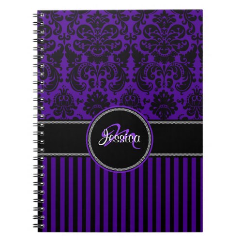 Personalized Purple Black White Striped Damask Notebook